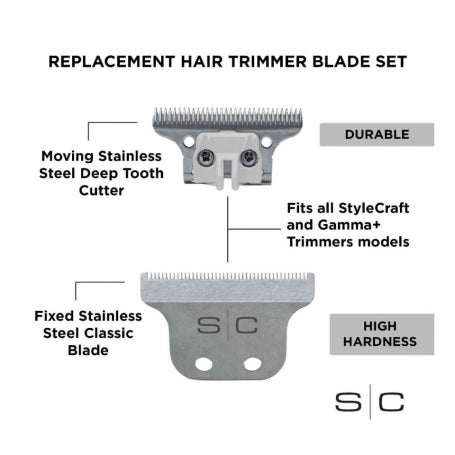 StyleCraft Fixed Stainless Steel Trimmer Blade w/ Stainless Steel Deep-Tooth Cutter (SC522S)